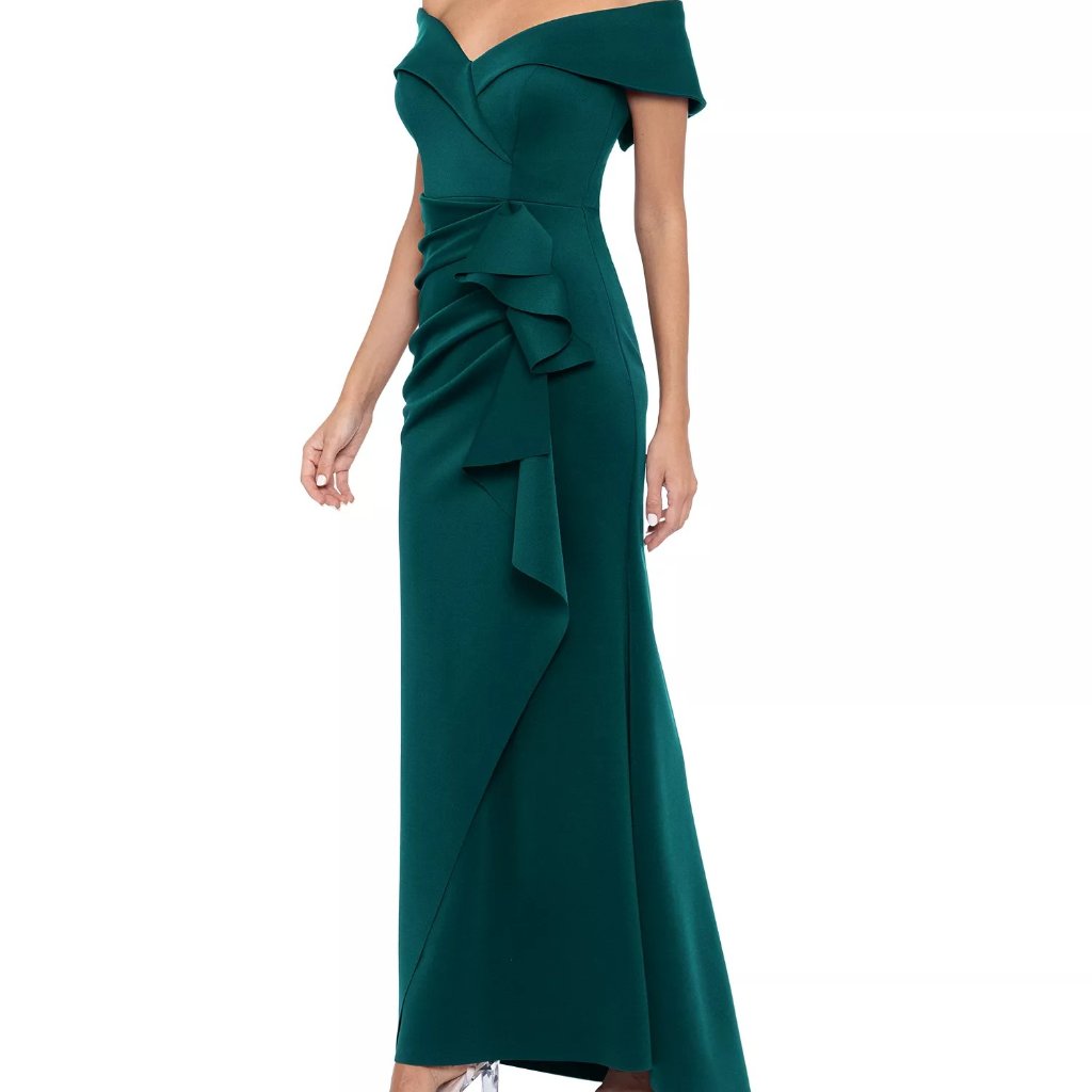 Xscape Scuba Off-The-Shoulder Gown (Hunter)